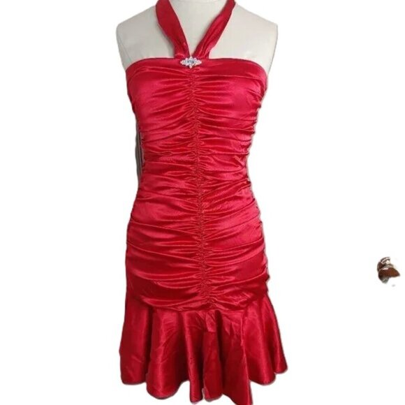 Vintage Jessica McClintock Dress Halter Satin Strapless Ruched Faux Diamonds 80s - Picture 1 of 7